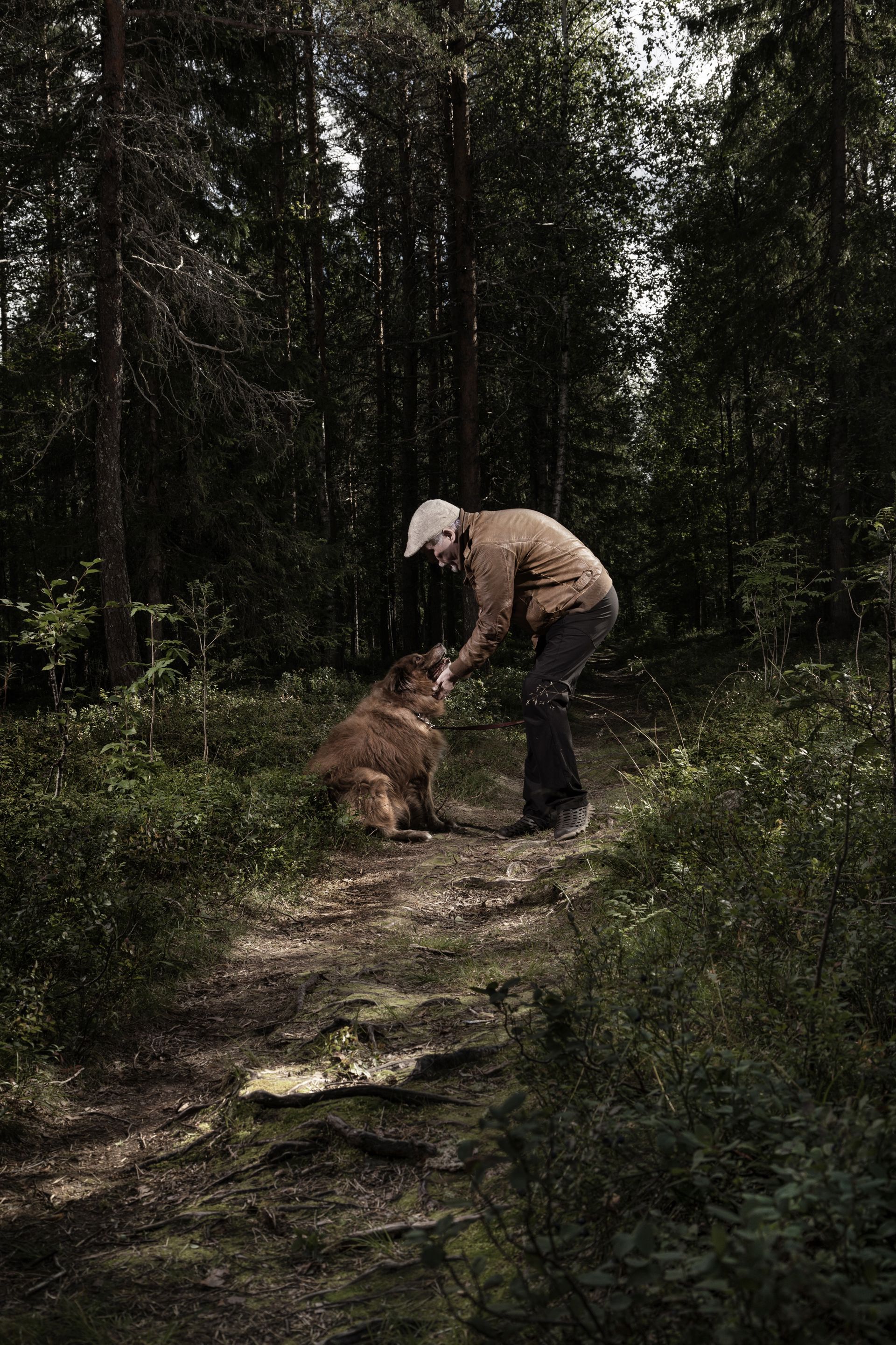 Henkilö silittää koiraa metsässä.