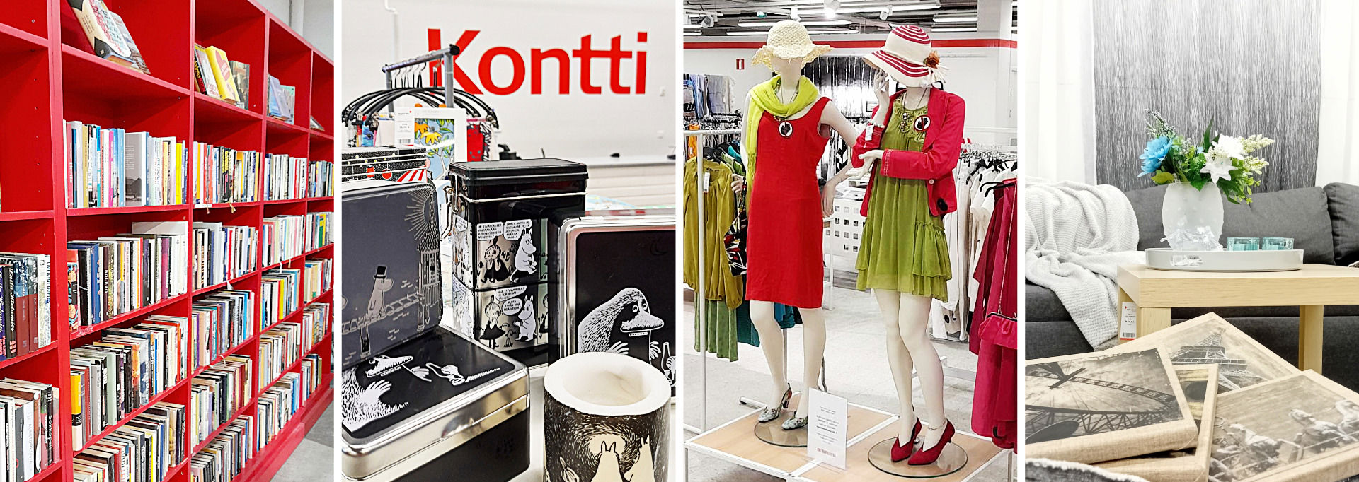 Kirjoja, astioita, vaatteita ja sisustustuotteita Kontin myymälässä.